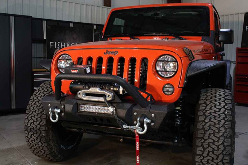Fishbone Offroad 07-18 Jeep Wrangler JK Frnt Stubby Winch Bumper W/Tube Guard - Blk Txtrd Pwdrcoated