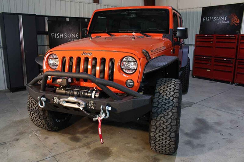 Fishbone Offroad 07-18 Jeep Wrangler Front Winch Bumper W/LEDs Full Width - Blk Texured Powdercoated